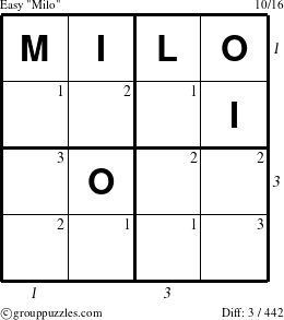 The grouppuzzles.com Easy Milo puzzle for , suitable for printing, with all 3 steps marked