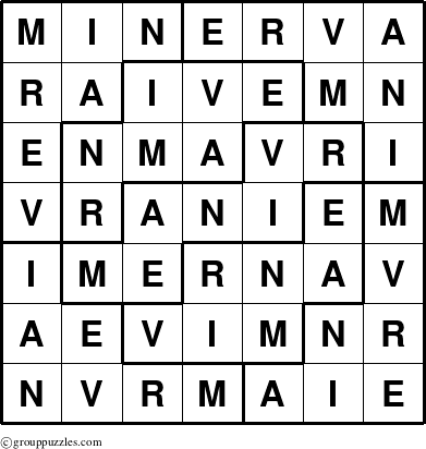 The grouppuzzles.com Answer grid for the Minerva puzzle for 