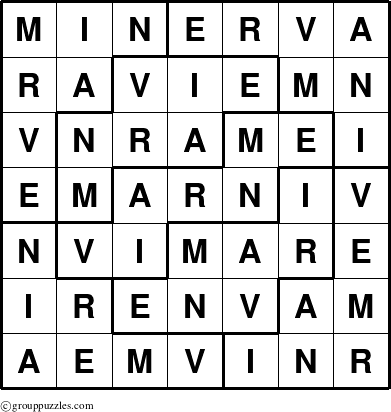 The grouppuzzles.com Answer grid for the Minerva puzzle for 