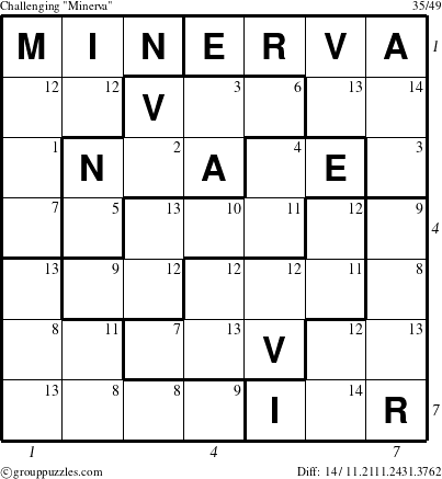 The grouppuzzles.com Challenging Minerva puzzle for , suitable for printing, with all 14 steps marked