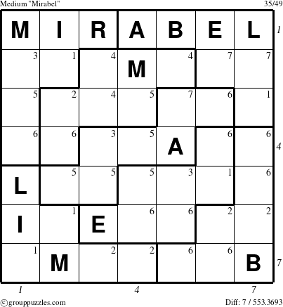 The grouppuzzles.com Medium Mirabel puzzle for , suitable for printing, with all 7 steps marked