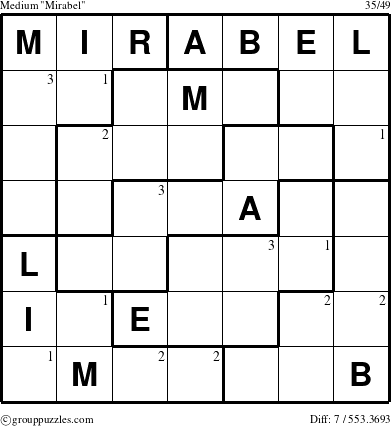 The grouppuzzles.com Medium Mirabel puzzle for  with the first 3 steps marked