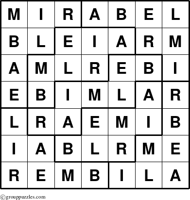 The grouppuzzles.com Answer grid for the Mirabel puzzle for 