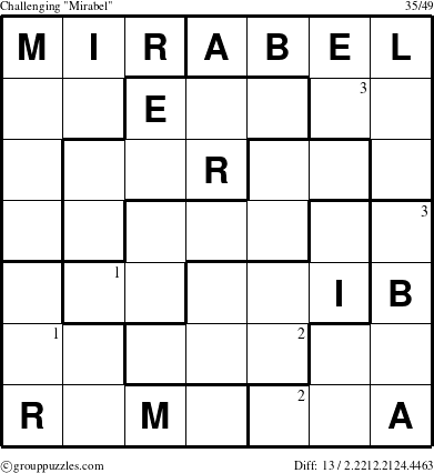 The grouppuzzles.com Challenging Mirabel puzzle for  with the first 3 steps marked