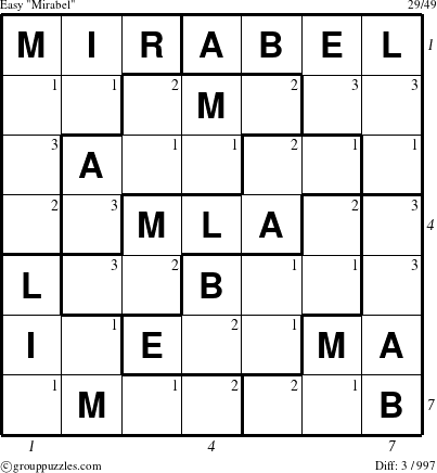 The grouppuzzles.com Easy Mirabel puzzle for  with all 3 steps marked