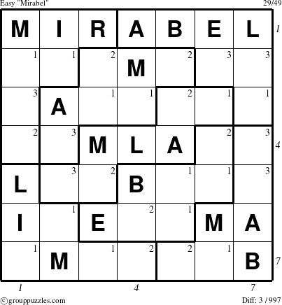 The grouppuzzles.com Easy Mirabel puzzle for , suitable for printing, with all 3 steps marked