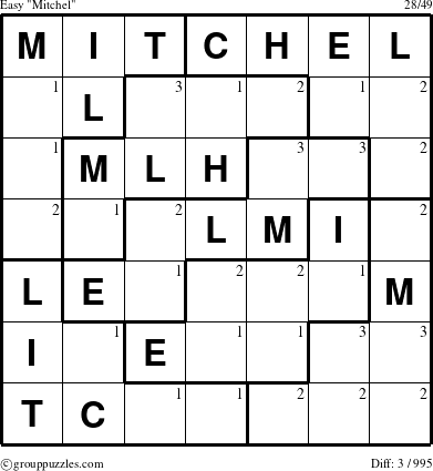 The grouppuzzles.com Easy Mitchel puzzle for  with the first 3 steps marked