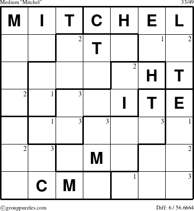 The grouppuzzles.com Medium Mitchel puzzle for  with the first 3 steps marked