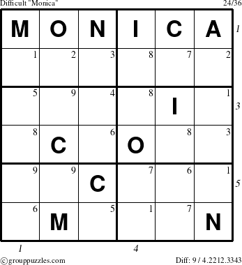 The grouppuzzles.com Difficult Monica puzzle for  with all 9 steps marked