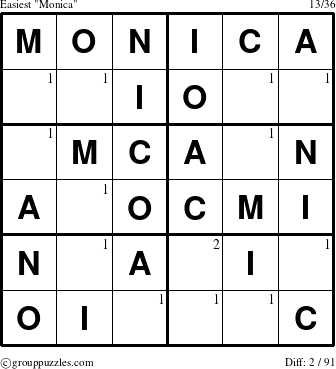 The grouppuzzles.com Easiest Monica puzzle for  with the first 2 steps marked