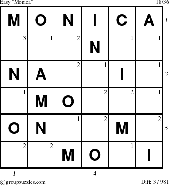 The grouppuzzles.com Easy Monica puzzle for  with all 3 steps marked