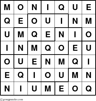 The grouppuzzles.com Answer grid for the Monique puzzle for 