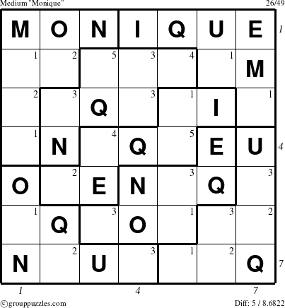 The grouppuzzles.com Medium Monique puzzle for  with all 5 steps marked