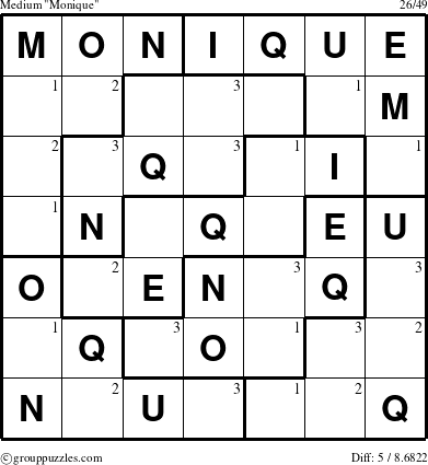 The grouppuzzles.com Medium Monique puzzle for  with the first 3 steps marked