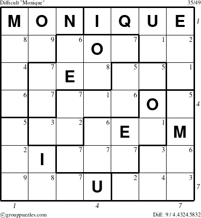 The grouppuzzles.com Difficult Monique puzzle for  with all 9 steps marked