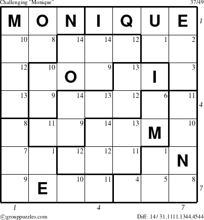 The grouppuzzles.com Challenging Monique puzzle for , suitable for printing, with all 14 steps marked