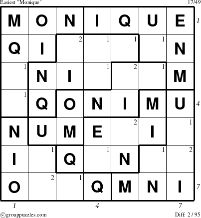 The grouppuzzles.com Easiest Monique puzzle for  with all 2 steps marked