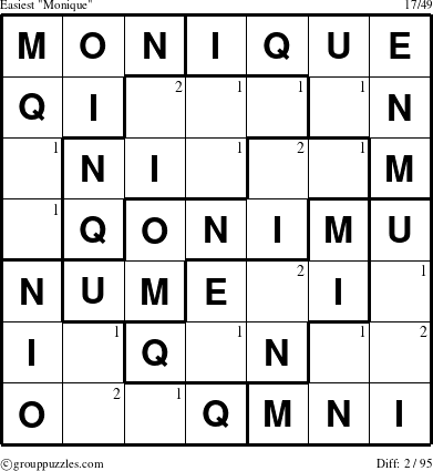 The grouppuzzles.com Easiest Monique puzzle for  with the first 2 steps marked