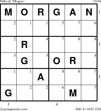 The grouppuzzles.com Difficult Morgan puzzle for  with all 8 steps marked