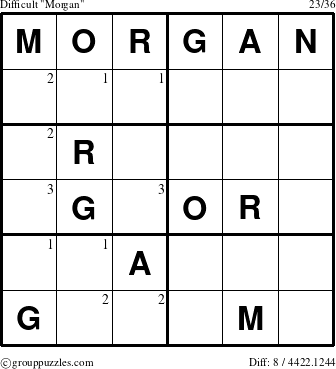 The grouppuzzles.com Difficult Morgan puzzle for  with the first 3 steps marked