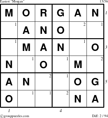 The grouppuzzles.com Easiest Morgan puzzle for , suitable for printing, with all 2 steps marked