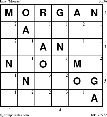 The grouppuzzles.com Easy Morgan puzzle for , suitable for printing, with all 3 steps marked