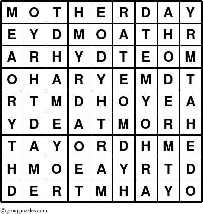 The grouppuzzles.com Answer grid for the Motherday puzzle for 