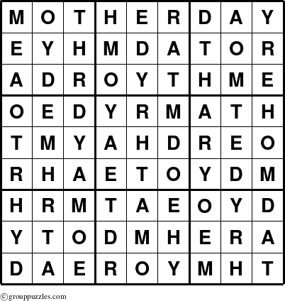 The grouppuzzles.com Answer grid for the Motherday puzzle for 