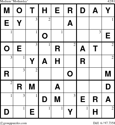 The grouppuzzles.com Medium Motherday puzzle for  with the first 3 steps marked