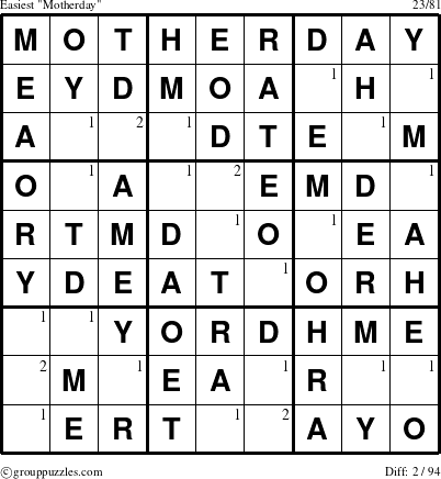 The grouppuzzles.com Easiest Motherday puzzle for  with the first 2 steps marked