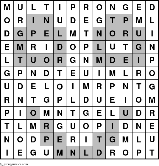 The grouppuzzles.com Answer grid for the Multipronged puzzle for 