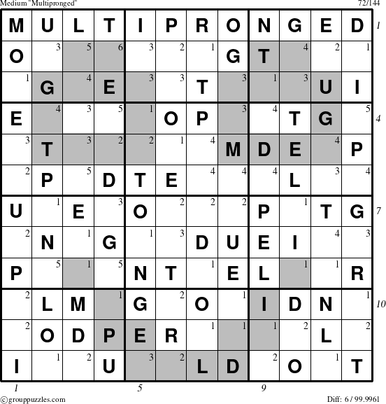 The grouppuzzles.com Medium Multipronged puzzle for , suitable for printing, with all 6 steps marked