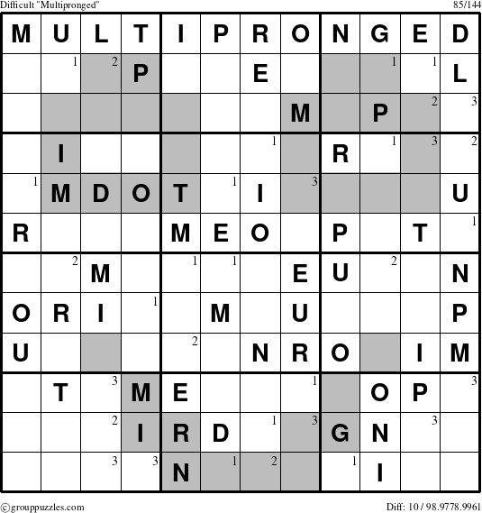 The grouppuzzles.com Difficult Multipronged puzzle for  with the first 3 steps marked