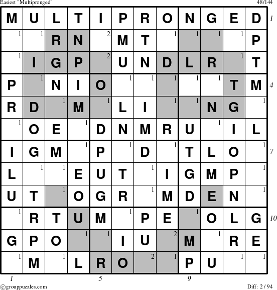 The grouppuzzles.com Easiest Multipronged puzzle for , suitable for printing, with all 2 steps marked