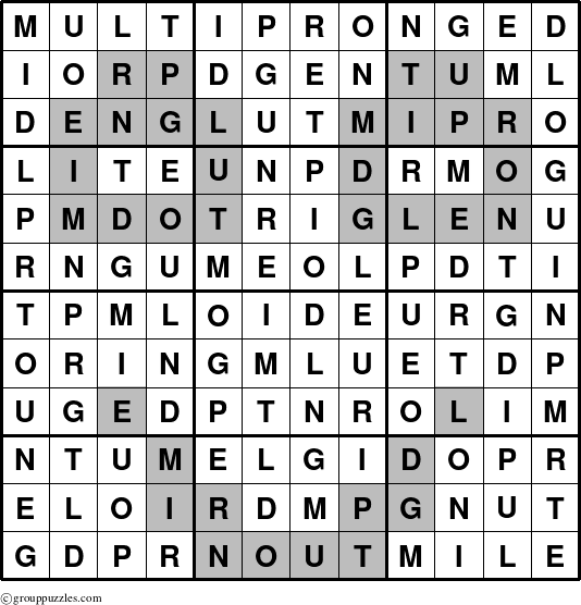 The grouppuzzles.com Answer grid for the Multipronged puzzle for 