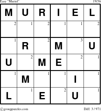 The grouppuzzles.com Easy Muriel puzzle for  with the first 3 steps marked