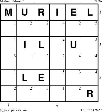 The grouppuzzles.com Medium Muriel puzzle for , suitable for printing, with all 5 steps marked