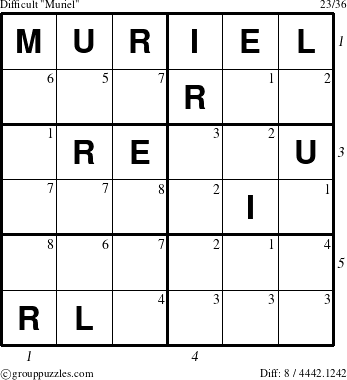 The grouppuzzles.com Difficult Muriel puzzle for  with all 8 steps marked
