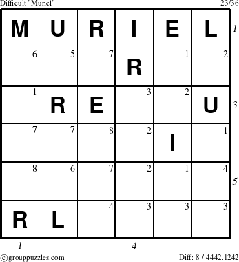 The grouppuzzles.com Difficult Muriel puzzle for , suitable for printing, with all 8 steps marked