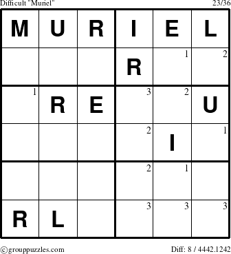 The grouppuzzles.com Difficult Muriel puzzle for  with the first 3 steps marked