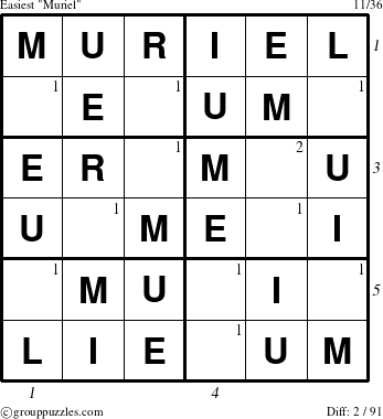 The grouppuzzles.com Easiest Muriel puzzle for , suitable for printing, with all 2 steps marked