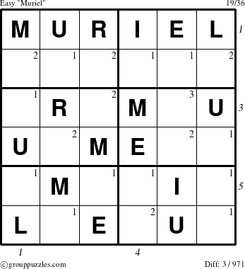 The grouppuzzles.com Easy Muriel puzzle for , suitable for printing, with all 3 steps marked