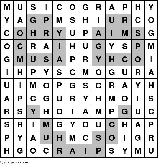 The grouppuzzles.com Answer grid for the Musicography puzzle for 