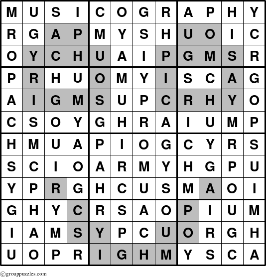 The grouppuzzles.com Answer grid for the Musicography puzzle for 