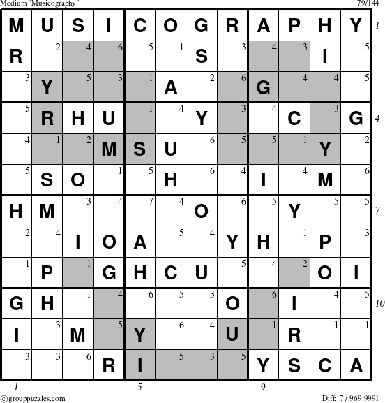 The grouppuzzles.com Medium Musicography puzzle for , suitable for printing, with all 7 steps marked