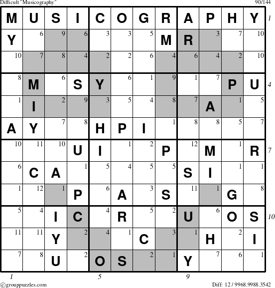 The grouppuzzles.com Difficult Musicography puzzle for  with all 12 steps marked