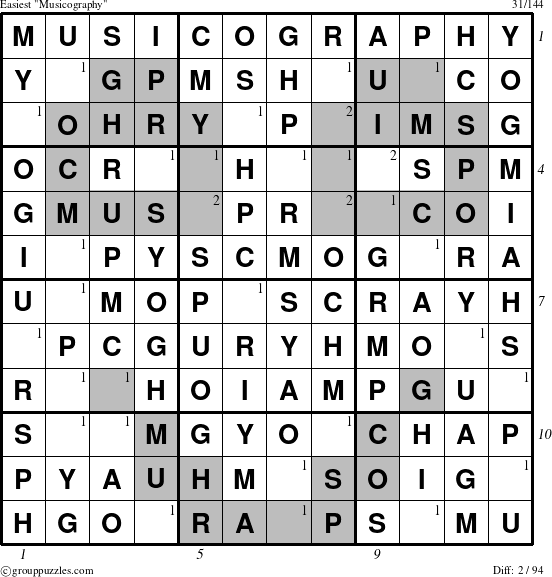 The grouppuzzles.com Easiest Musicography puzzle for , suitable for printing, with all 2 steps marked