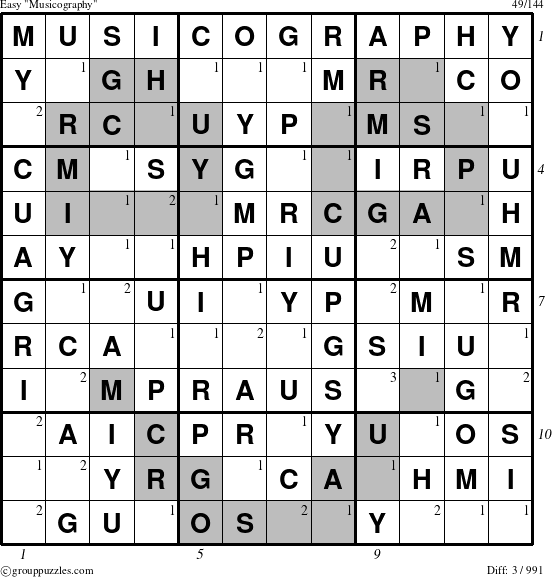 The grouppuzzles.com Easy Musicography puzzle for , suitable for printing, with all 3 steps marked