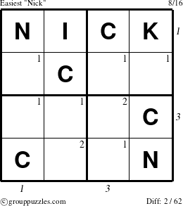 The grouppuzzles.com Easiest Nick puzzle for , suitable for printing, with all 2 steps marked