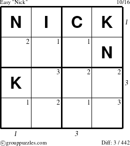 The grouppuzzles.com Easy Nick puzzle for , suitable for printing, with all 3 steps marked